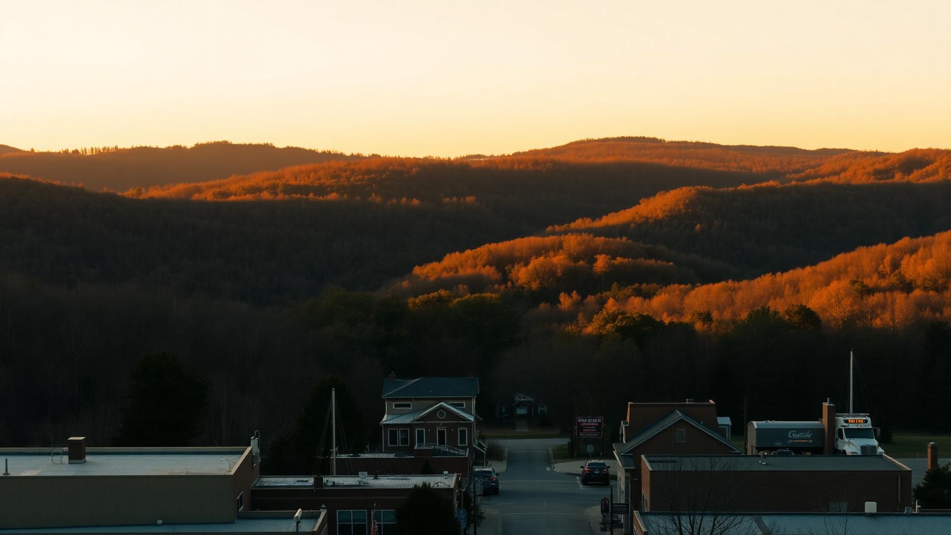 Golden hour over the Ozark hills above a Northwest Arkansas town